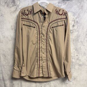 Rodeo Pearl Snap Western Shirt Mens Small 21.5x27 Tan Embroidered Horse Shoe
